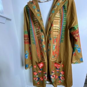 Misslook 3XL hooded long sweater, tan with colorful print